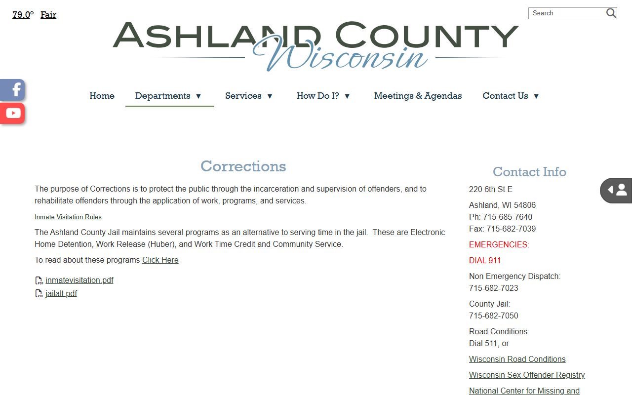 Ashland County corrections page for jail inmate population and custody records