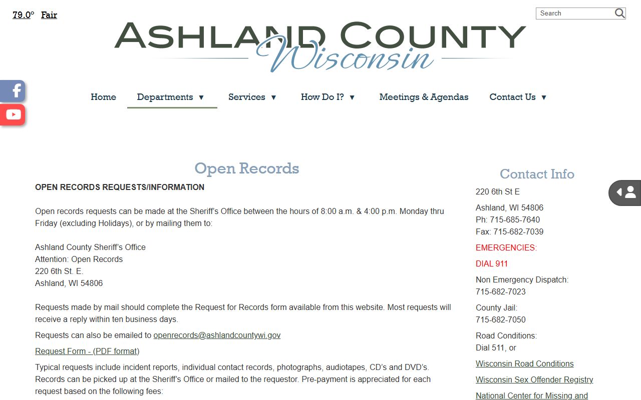 Ashland County sheriff open records page for jail records and photographs
